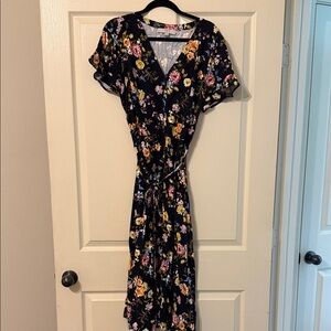 LOFT Black Floral Wrap Midi Dress with Pink and Yellow Blooms